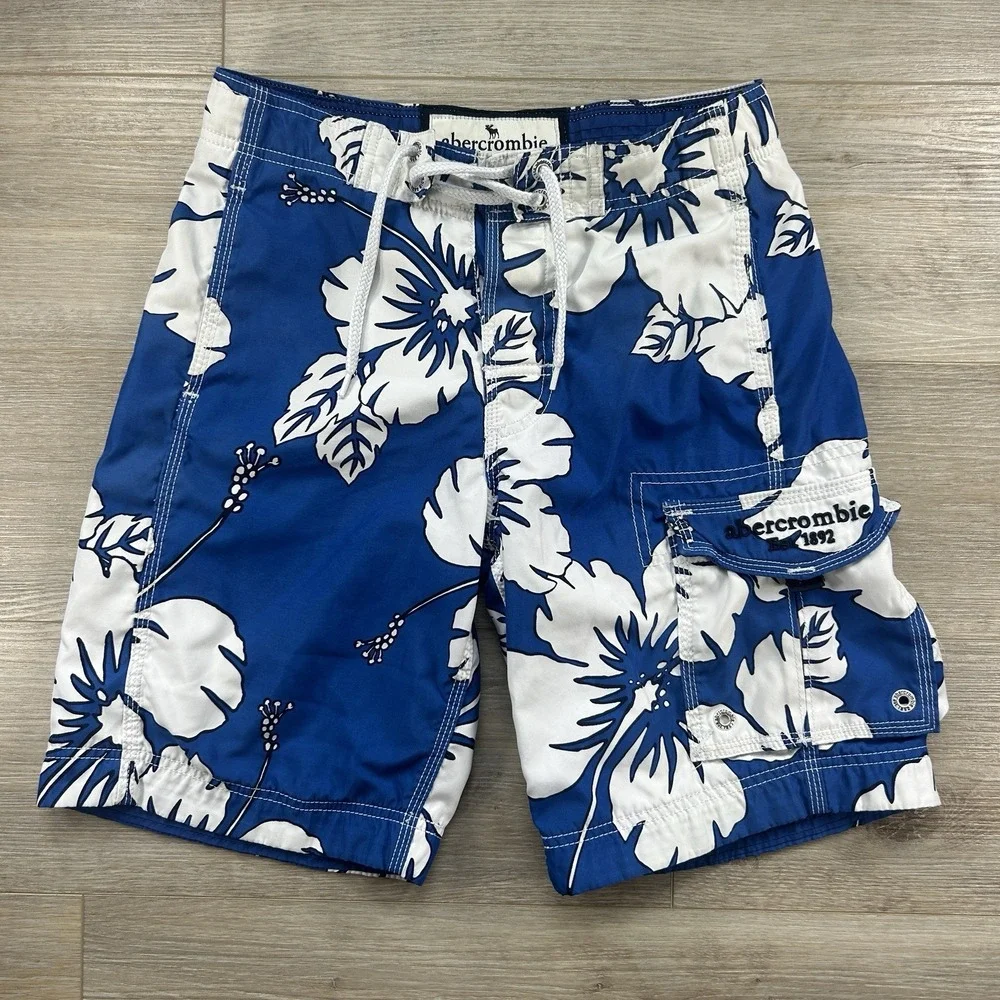 Abercrombie & Fitch Board Shorts Men Medium Blue Hawaiian Baggy Y2k Hibiscus